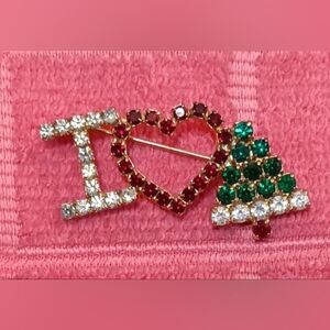 Vintage I Love Christmas With Heart & Christmas Tree Jewelled Lapel Hat Pin